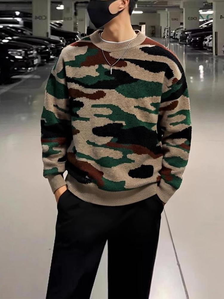 Korean Camouflage Round Neck Sweater: 2025 Autumn/Winter Men's Casual Knitwear Fashion.