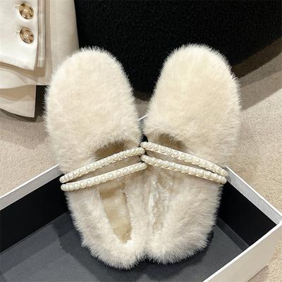 Модные роскошные туфли Мэри Джейн с жемчужным дизайном, зимние женские плюшевые теплые туфли с мехом, модные удобные хлопковые мокасины на плоской подошве