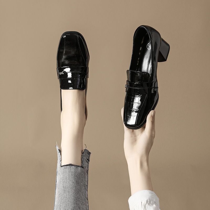 Женская летняя обувь Офисная обувь для женщин 2024 года Повседневные туфли из обычной кожи на толстом каблуке Черный блочный каблук со средним квадратным носком E