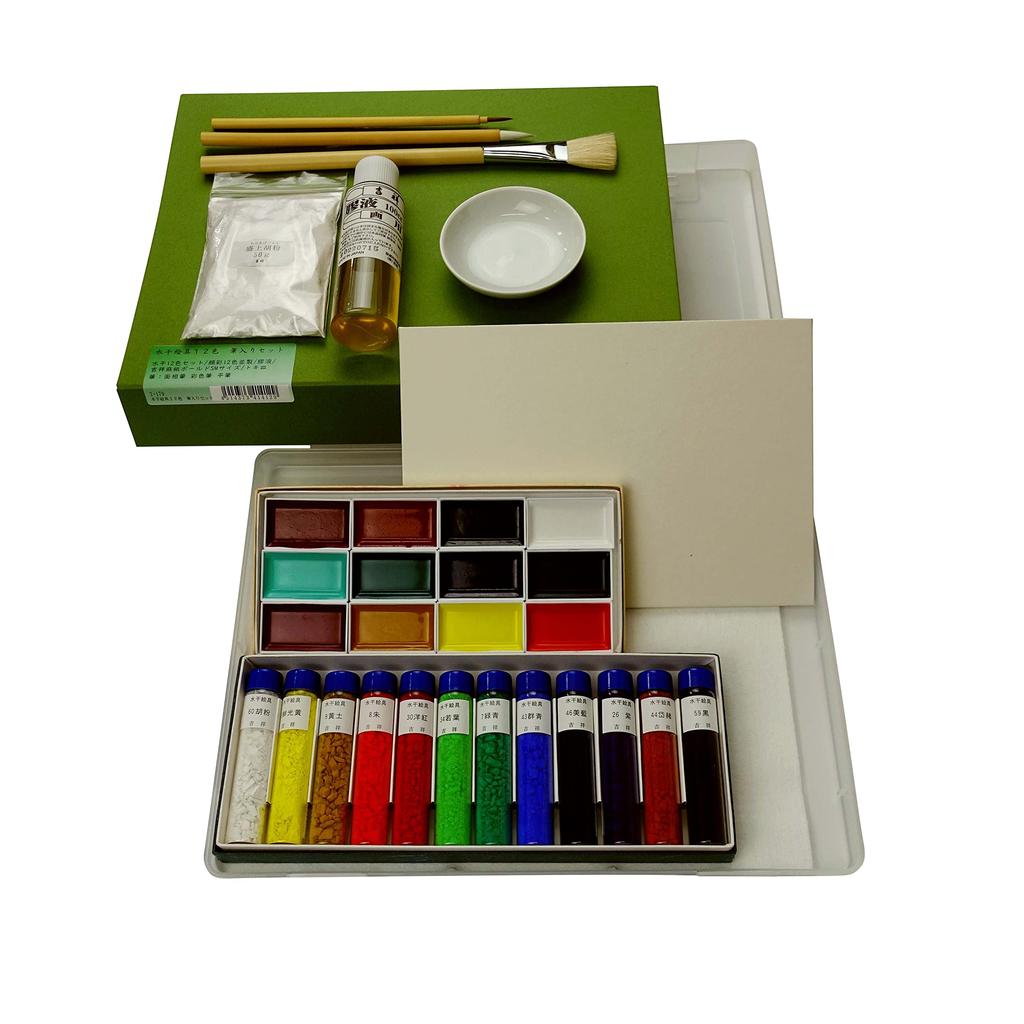 KISSHO Japanese Painting Water Dried Paints In 12 Colors Brush Included Paints, Bottle, Set, 2-179