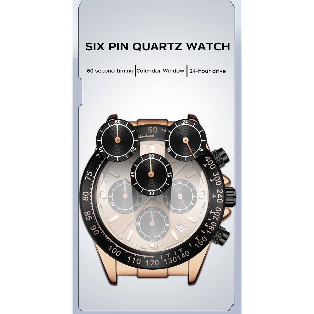 Роскошные мужские кварцевые часы, многофункциональные, три очка, шесть стрелок, хронограф, водонепроницаемые, ночник, мужские кварцевые часы