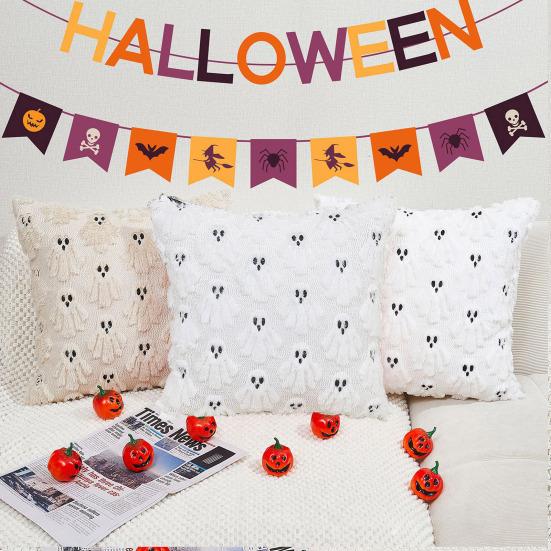 Halloween Decorative Pillow Cover Soft Plush Throw Cushion Case with 3D Embroidered Ghost Pumpkin Design for Couch Sofa Bedroom