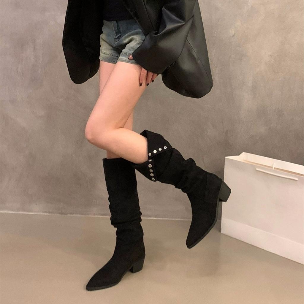 High-heeled coffee-colored suede stacked medium tube cycling boots women's shoes spring, autumn and winter pointed thin long tube long boots