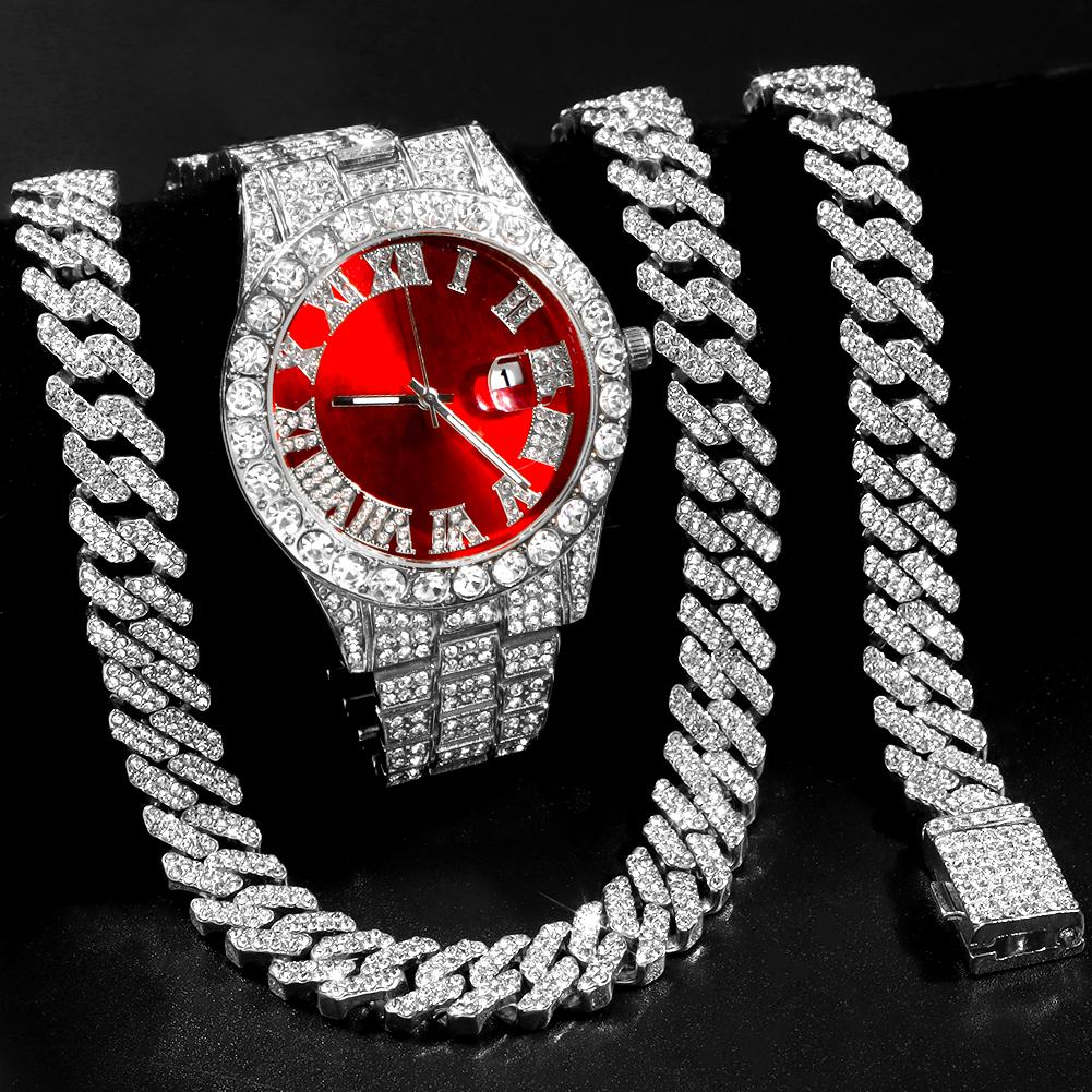 Hip Hop Iced Out Cuban Necklace Watch For Men AAA 2 Row Prong Cuban Chain Necklace+Watch+Bracelet Set Punk Rapper Jewelry Gifts