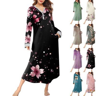 Женская ночная рубашка, модный принт, длинный домашний халат, пижама с V-образным вырезом и карманами, платье