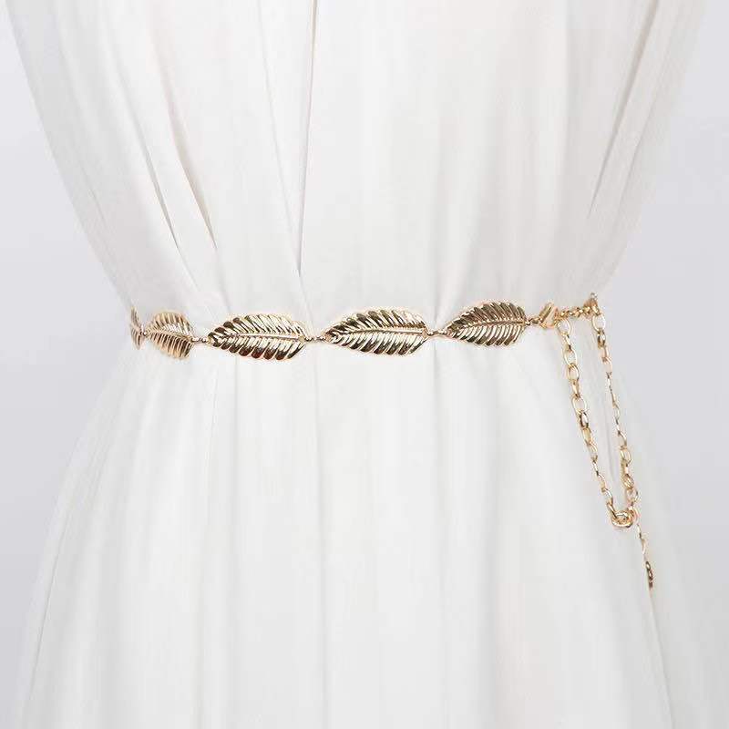 Женский простой декоративный тонкий ремень, универсальное платье с большими металлическими листьями и модный маленький ремень-юбка