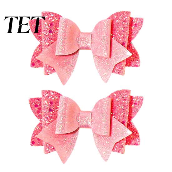 Kids Hair Styling Tools Double Layered Glitter Bow Clip for Girls, Artificial Leather Barrettes, Sparkly Clips Non Slip Accessories Children