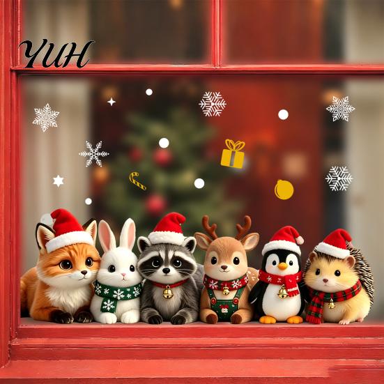 Festive Indoor Outdoor Ornaments 2PCS Christmas Cartoon Animal Static Stickers, Removable PVC Decorative Decals, Holiday Party Wall Decorations