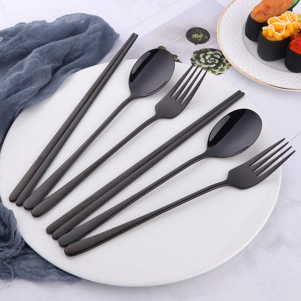 Do Buy Cutlery Set Chopsticks Spoon Fork Set Korean Tableware for 2 People Stainless Steel Mirror Finish Black 18/8