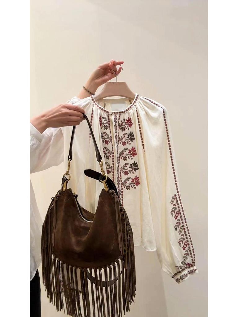 Женская французская этническая вышитая рубашка из чистого хлопка с длинными рукавами-фонариками, ранний сезон 2026