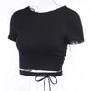 Open Back Crop Tops Summer Women Bandage Lace-up Backless Solid Pullover T Shirt Slim Tee
