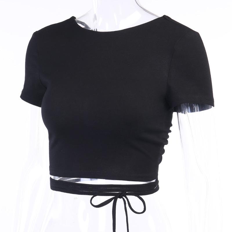 Open Back Crop Tops Summer Women Bandage Lace-up Backless Solid Pullover T Shirt Slim Tee
