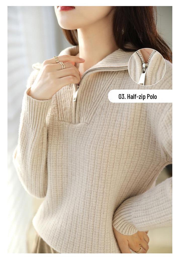 Women's Wool Lapel Cardigan - 2025 Autumn/Winter Half-Zip Knit Pullover Sweater