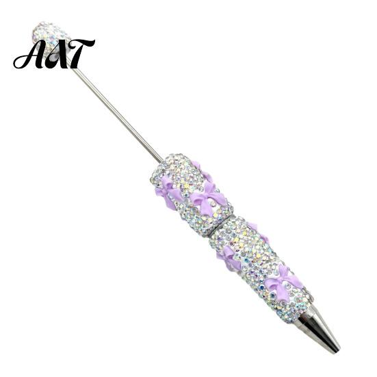 Handmade Pen Supplies Glitter Beadable Ballpoint Pen, Rhinestone Bow Beaded DIY Bling Black Ink Pens for Making, School Office Fashionable