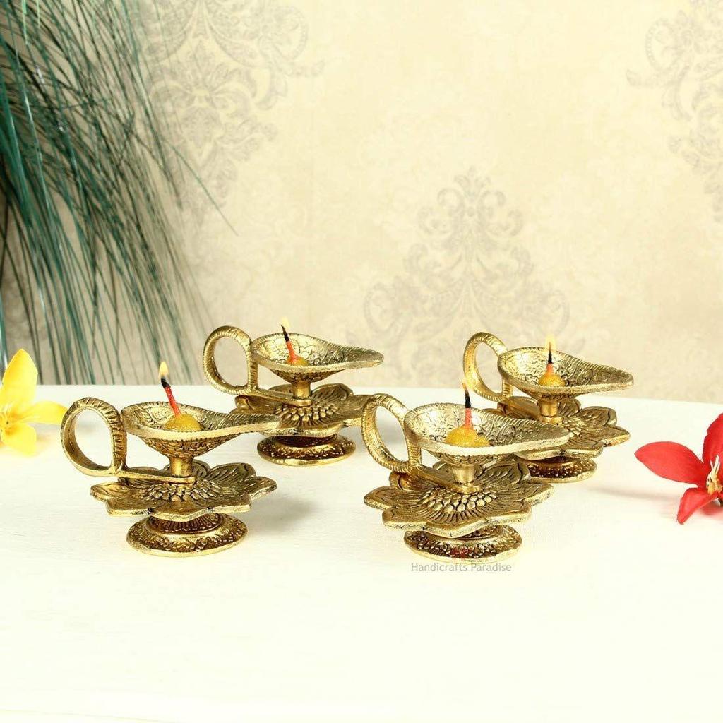Chirag Handicrafts Paradise Diya Set of 4 Pc In Metal Antique Golden