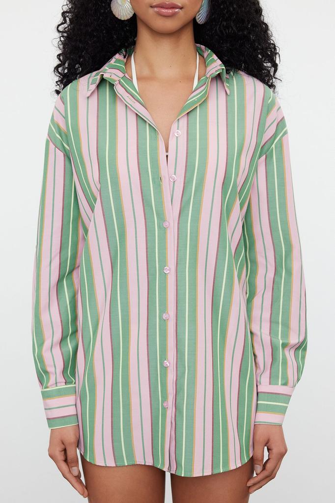 Women's Style Shirt Green Striped Woven Shirt