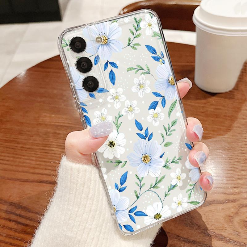 Чехол с принтом белых цветов для Samsung A57 S26 Ultra A37 A17 A56 A36 A26 A16 A55 A35 A25 A15 A54 5G S21 FE S22 S23 S24 S25 Plus Прозрачный мягкий чехол из ТПУ