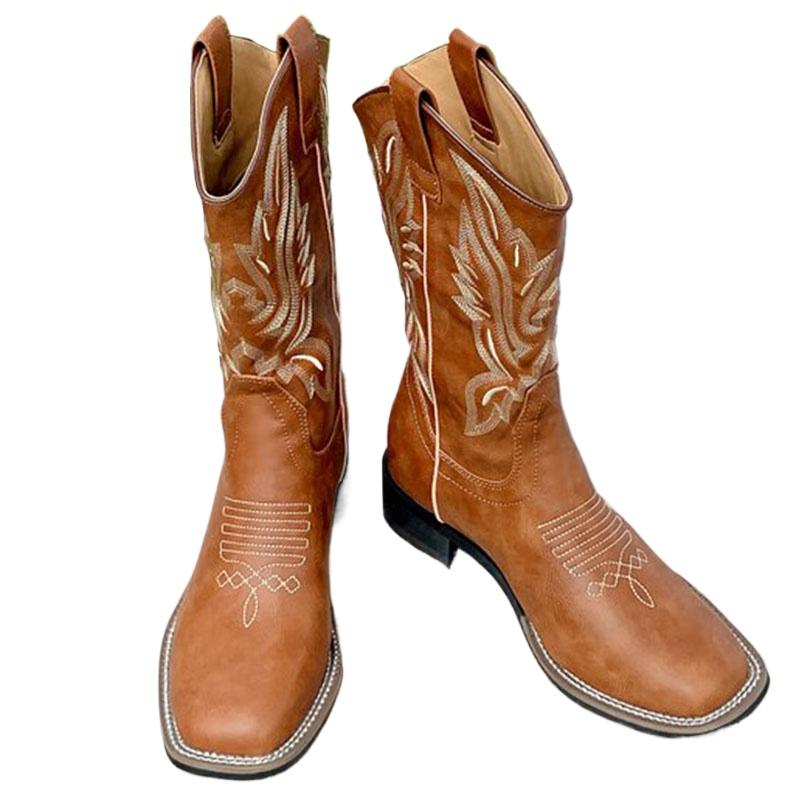 Модные светло-коричневые темно-коричневые роскошные брендовые зимние женские сапоги 2024 года, вышитые кожаные сапоги до середины голени, мягкие ковбойские сапоги