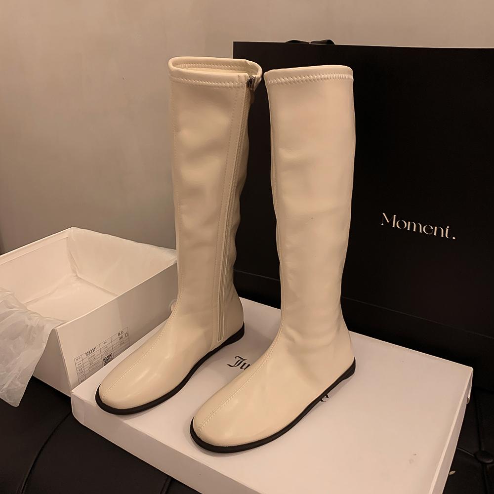 Красивые тонкие, но плоские одинарные сапоги рыцарские сапоги универсальные корейские высокие сапоги женские белые круглые тонкие длинные