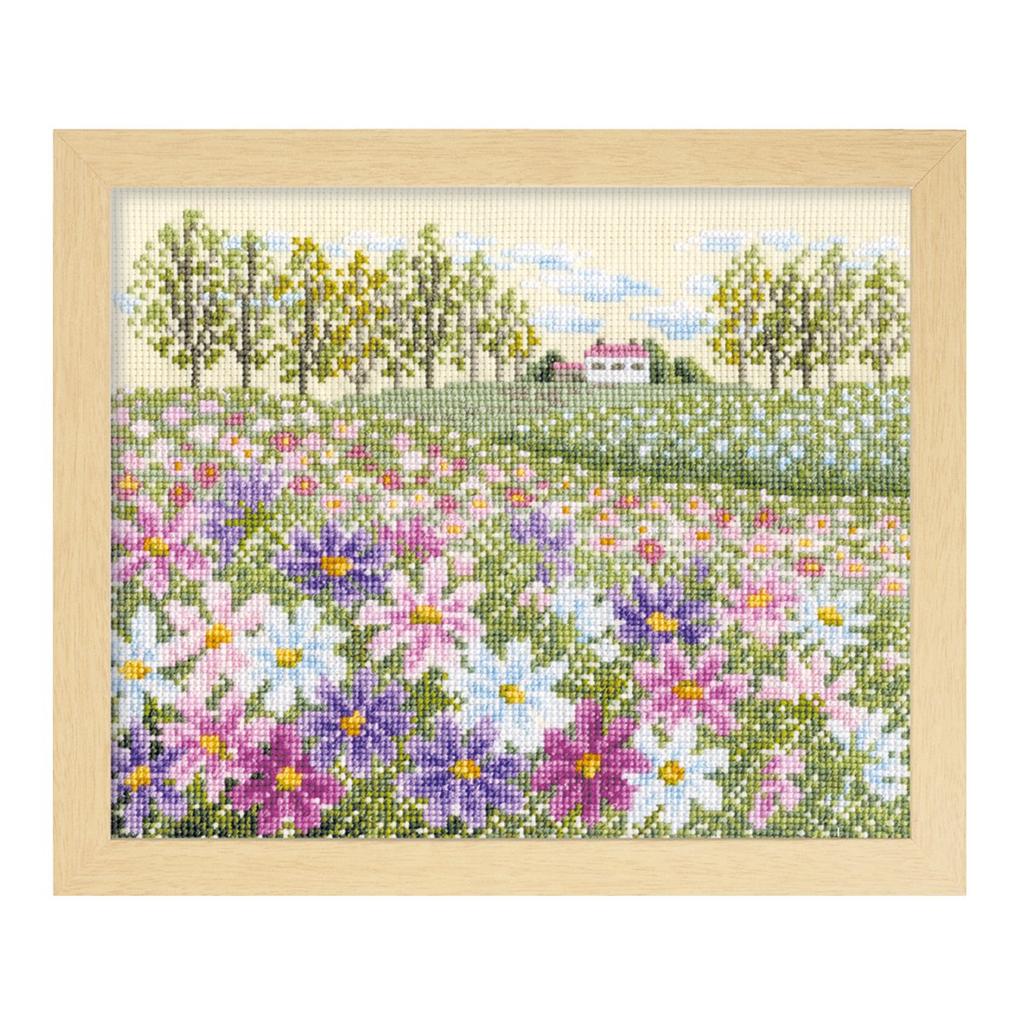 Olympus Thread Cross Stitch Embroidery Kit Flower Garden Flower Blooming Landscape Cosmos Hill Beige 7310