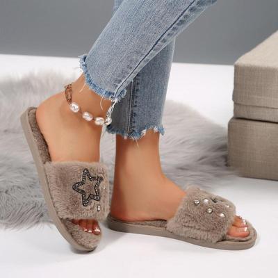 Модные панк-хлопковые шлепанцы с блестящей звездой для женщин 2025 Зимние теплые короткие плюшевые тапочки на плоской подошве Комфортные мягкие домашние тапочки