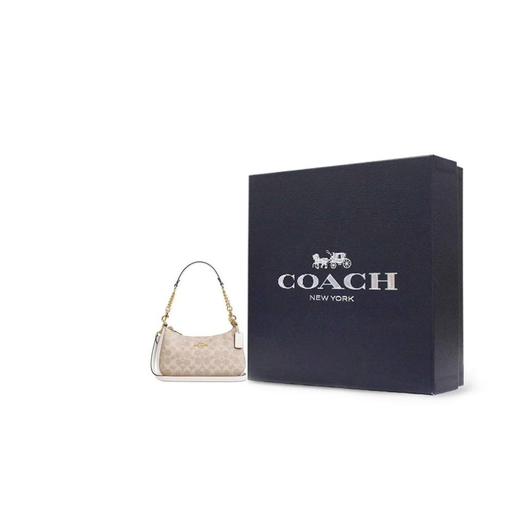Coach Teri 24 Классическая сумка-тоут с монограммой, на молнии, из покрытого канваса, для ношения в руке, через плечо, средняя, женская, цвет Песочный Меловой-Белый CV933-IMXDM