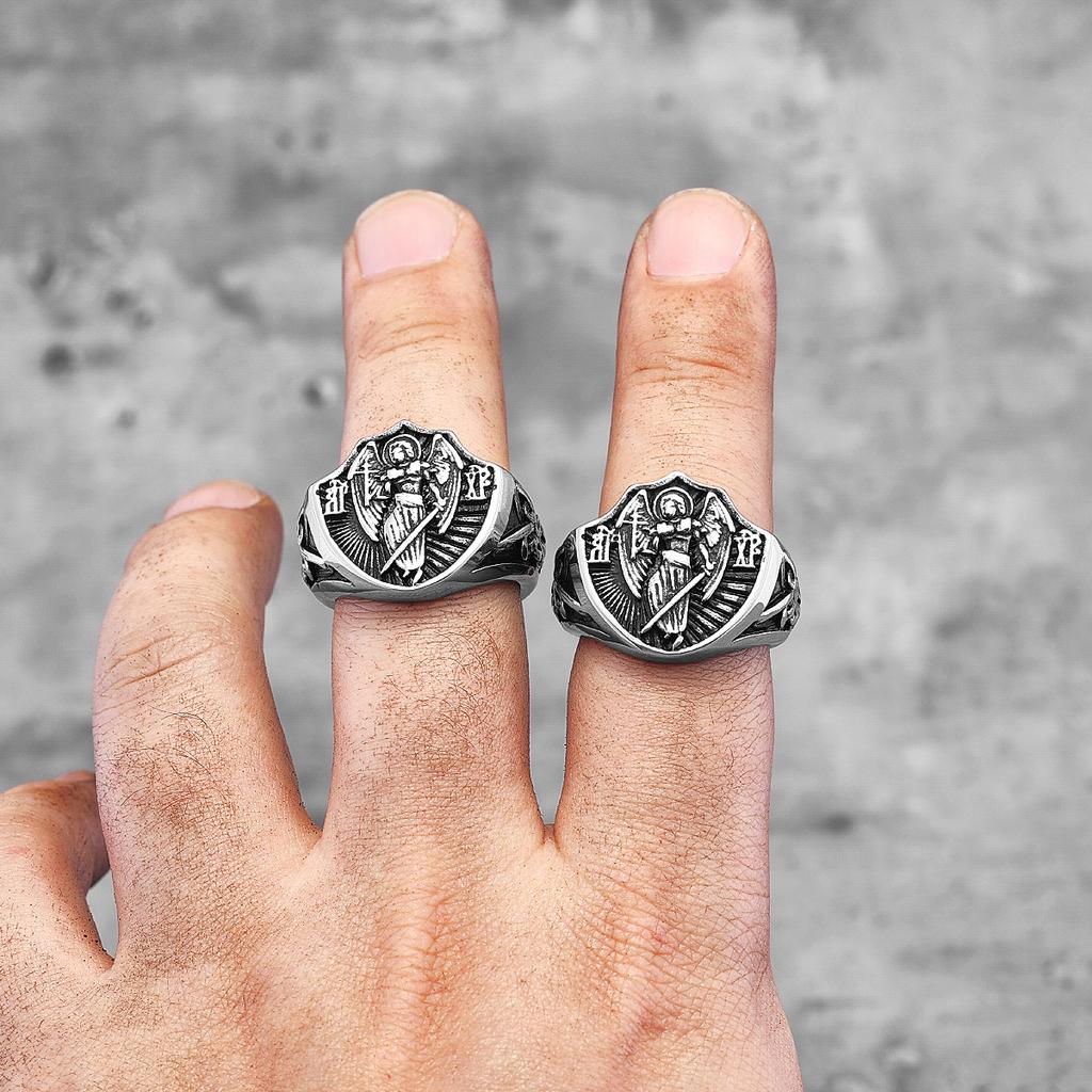 Archangel St.Michael Religion Amulet Stainless Steel Mens Rings Punk for Male Boyfriend Biker Jewelry Creativity Gift
