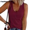 Summer New Europe and The United States Women's Buckle Knitted Undershirt Solid Color V-neck Sleeveless Blouse Female