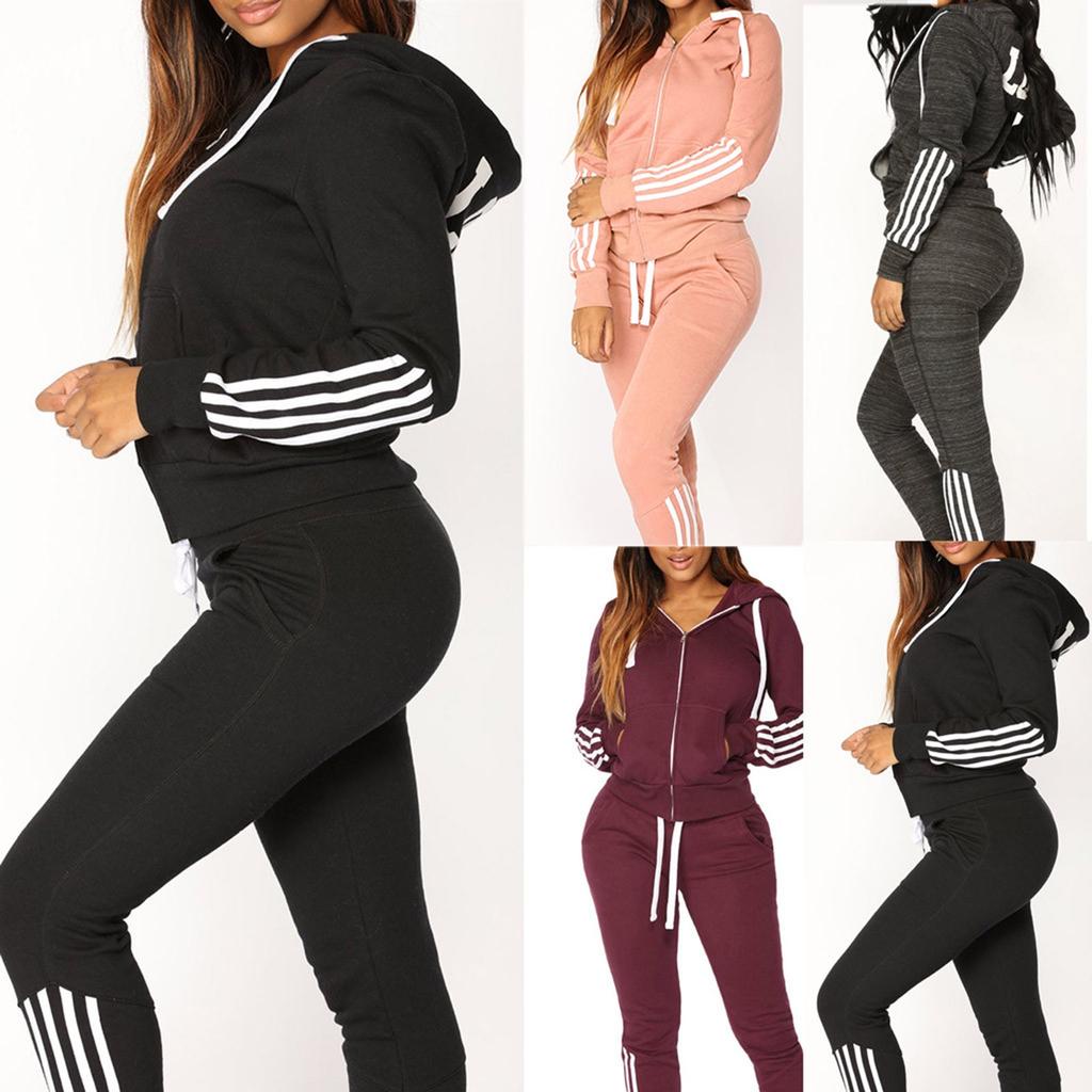 Fashion Women Casual Stripe Zipper Long Sleeve Pullove Sport Tops+Long Pants Set