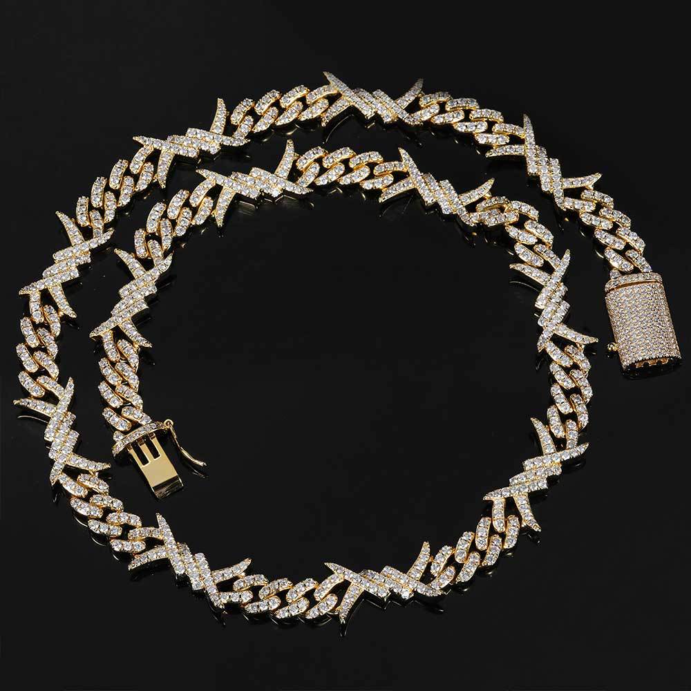 European Hip Hop Simple Personality Iron Wire Chain Zircon Cuban Link Chain Real Gold Electroplated Hiphop Thorn Bracelet Necklace