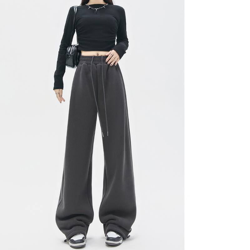 Autumn Winter Straight Thick Women's Sweatpants Loose Drawstring Wide-leg Cotton Long Pants Korean Style Casual High Waist Solid Color Trousers 2397