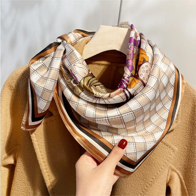 Spring New Checkerboard Bouquet Plain Crepe Satin Printed Silk Silk Scarf Mulberry Silk Small Square Silk Gift