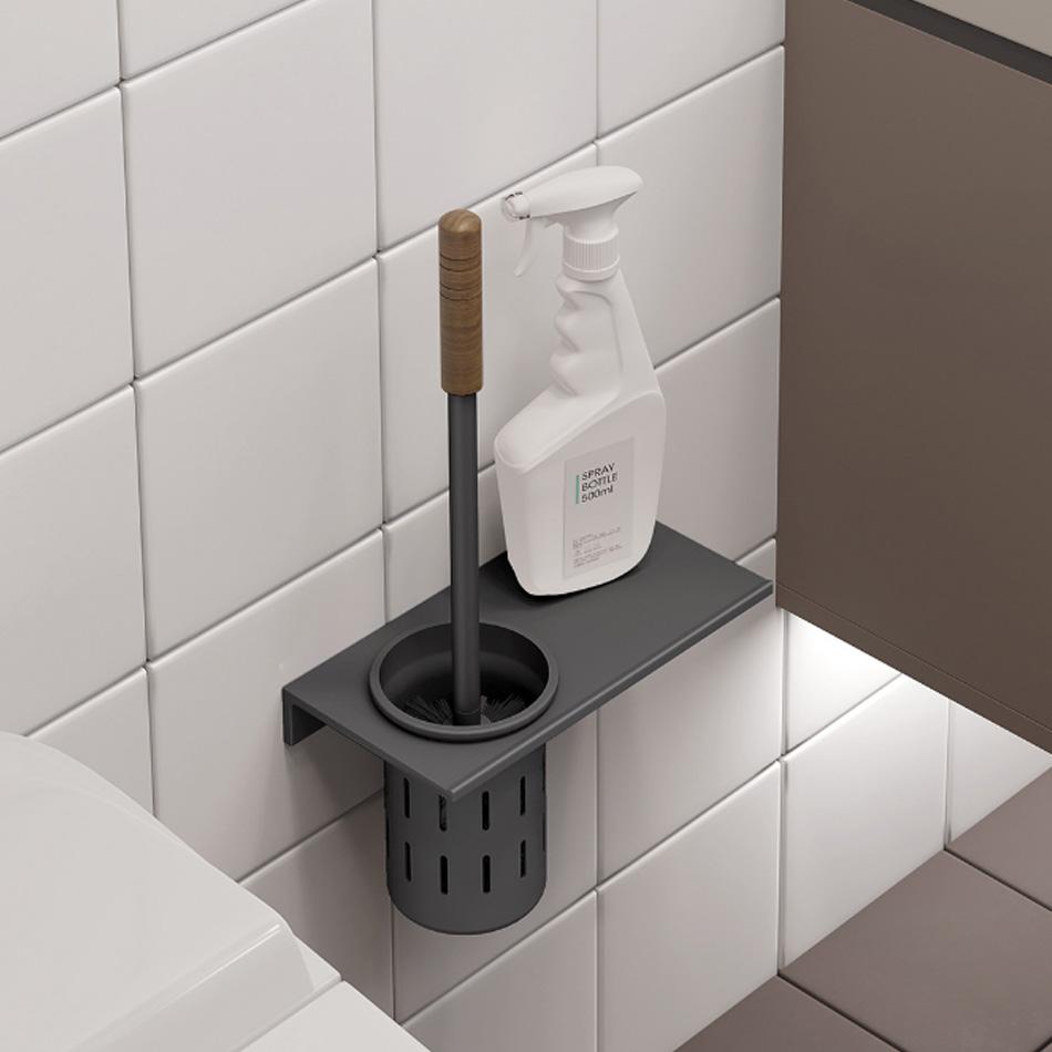Walnut Toilet Brush Holder Set Wood Handle Wall Mounted Grey Gold Black White Aluminum Cup WC Brush Rack Kit with Storage Shelf