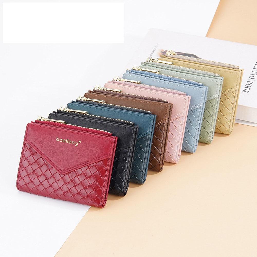 Женский модный короткий тканый кошелек в два раза из искусственной кожи с застежкой-держателем для карт, женский умный кошелек на молнии с несколькими картами