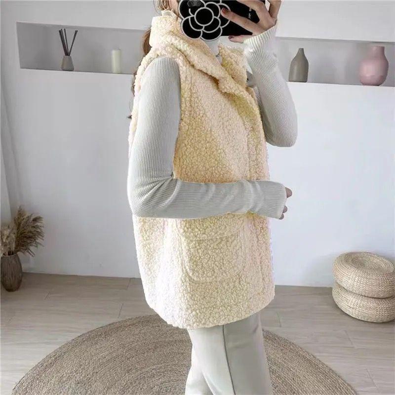 Зимний жилет, куртки из овечьей шерсти, утолщенный теплый жилет, женский отложной воротник, скрытые карманы на пуговицах, верхняя одежда, пальто без рукавов