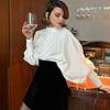 White Fashion Shirt Stand-up Collar Lantern Sleeve Pleated Design Loose Casual Commuting Blouses Elegant Office Lady 2025 Spring and Summer