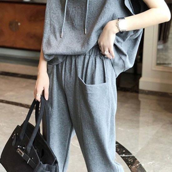 2 шт./компл. комплект брюк с капюшоном на шнурке, однотонный, с короткими рукавами, с эластичной резинкой на талии, карманами, с капюшоном, свободные женские повседневные брюки с ремешками на щиколотке