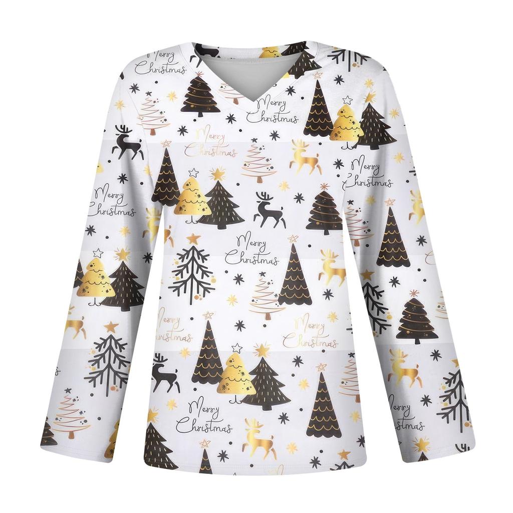 Women's Casual Fashion Sexy Comfortable Christmas Printed V-Neck Long Sleeve Top