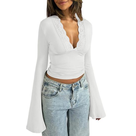 Женский укороченный топ с длинными рукавами, сексуальный, глубокий V-образный вырез, кружевная облегающая блузка, повседневная базовая рубашка для выхода на весну и осень