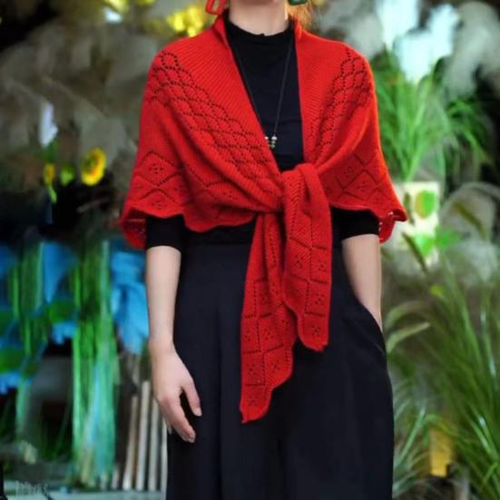 Women Knitting Shawl Solid Color Fringe Design Lightweight Versatile Hollow Shawl Open Knitted Pattern Shawl Wrap