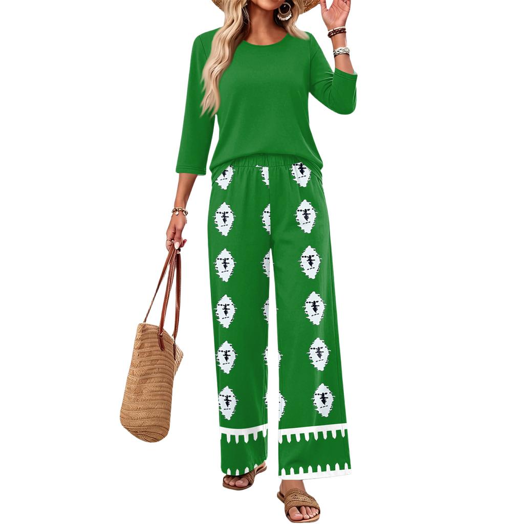 Women's Casual Fashion Round Neck Loose Fit Printed Three Quarter Sleeve Top with Wide Leg Pants Set Comfortable Two Piece Outfit