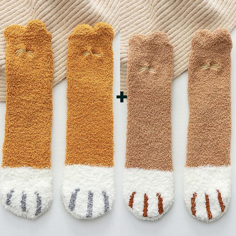 2 пары/лот флисовые тапочки коралловые осенне-зимние носки милые женские носки с принтом кошачьих лапок и животных