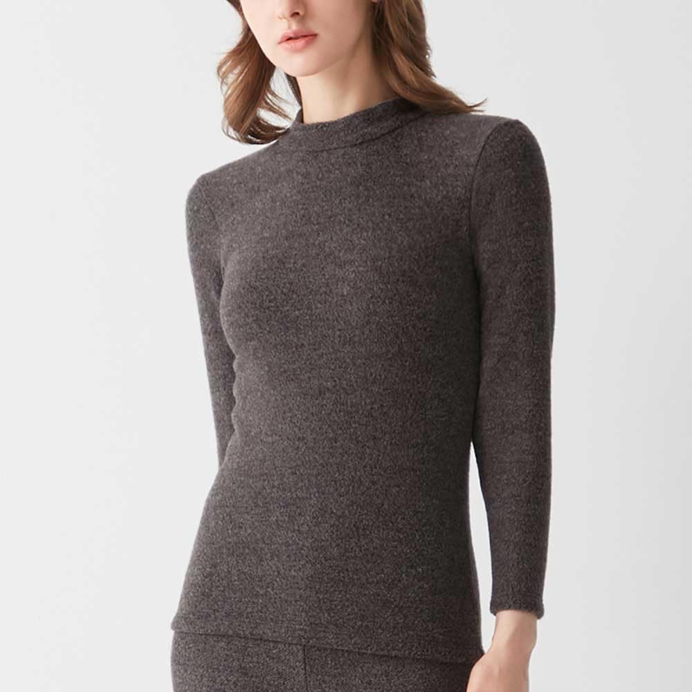 Gunze HOTMAGIC MH9545 Женское термобелье с длинным рукавом, толстое, с начесом, с высоким черным мотивом, Ткань, Влагоотводящее, Теплогенерирующее, Теплое, Шея,