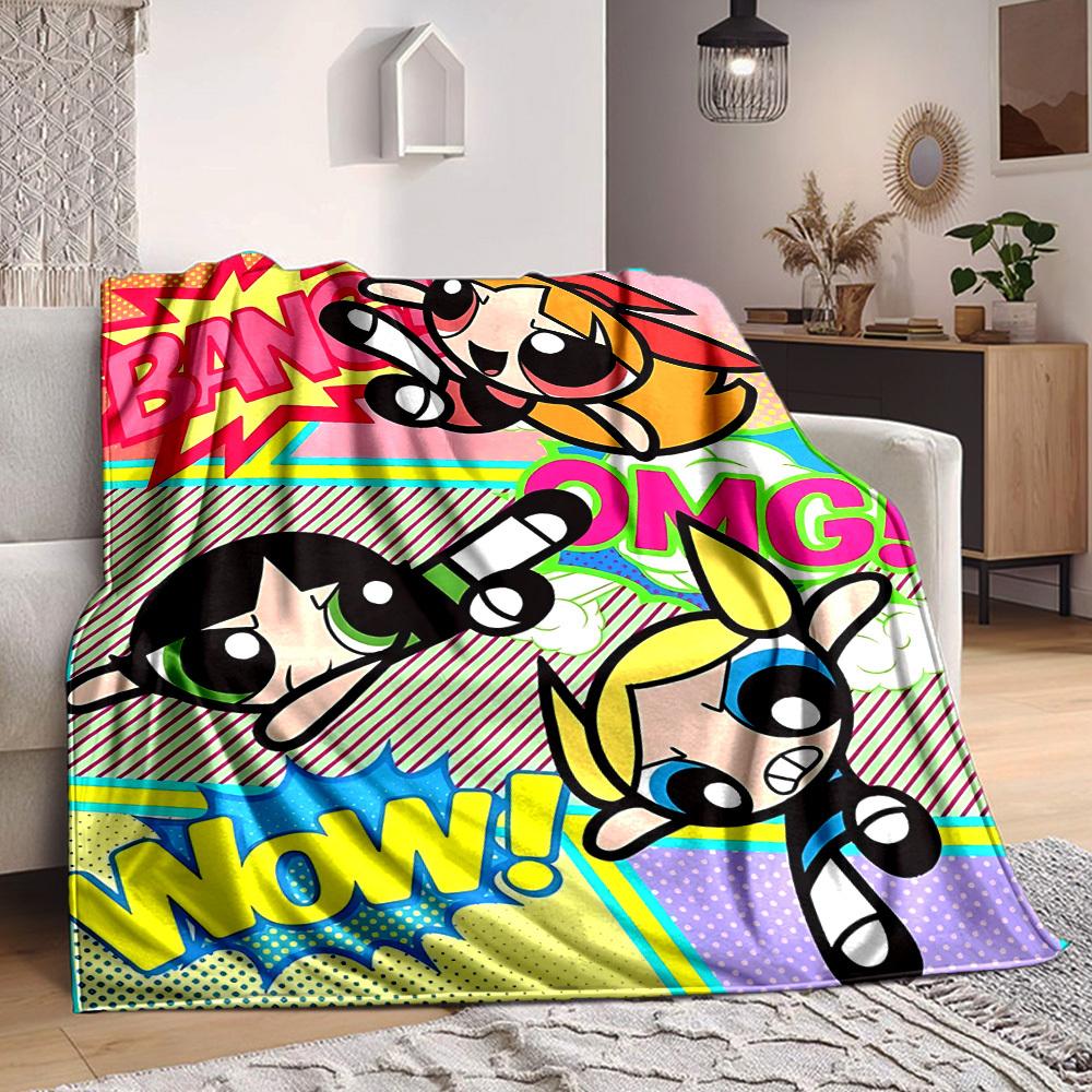 1pc Powerpuff Girls Cozy Print Blanket Lightweight Warm Flannel Throw Blanket For Sofa, Bed, Living Room