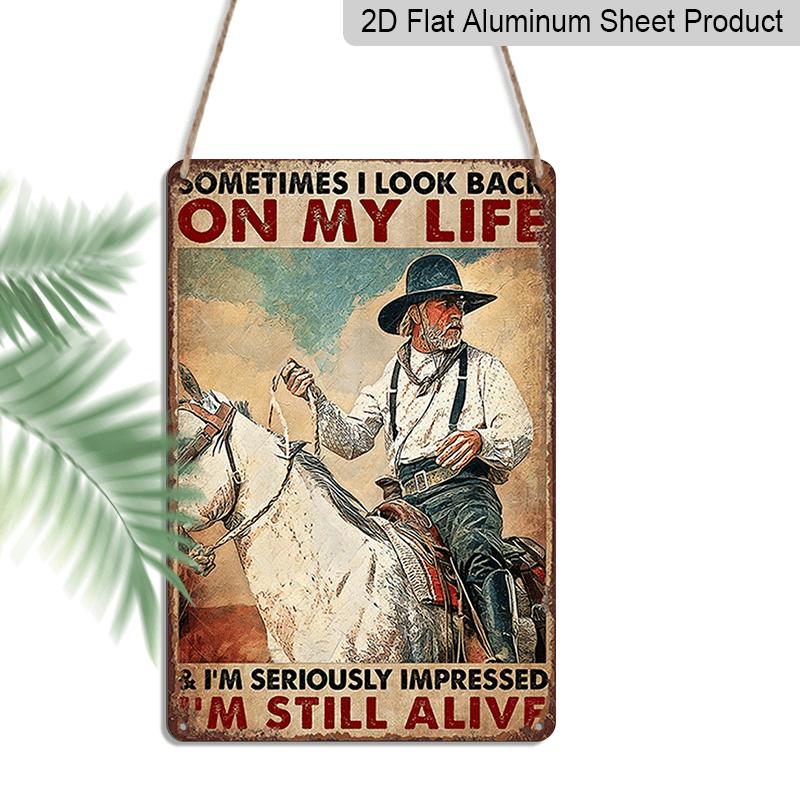 2D Flat, 1pc 7.87*11.8 Vintage Old West Denim Aluminum Sign | Rustic Wall Decor with Cowboy Riding Horse Design, Perfect for Western Lovers, Ranch