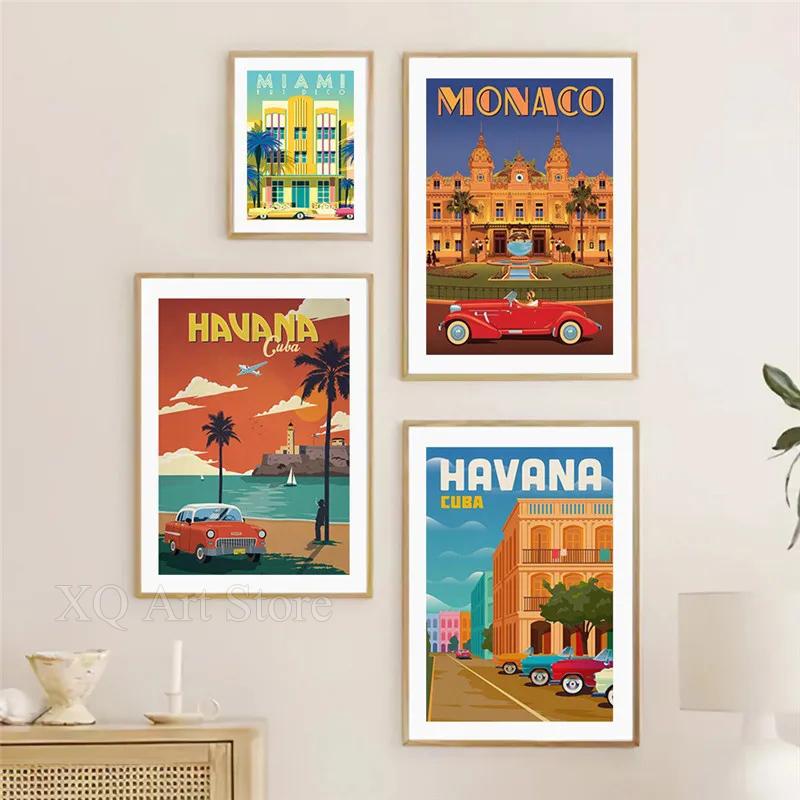 Vintage Miami California Canvas Painting Retro Travel Poster Tourist Scenery Wall Art for Living Room Decoration Home Decor