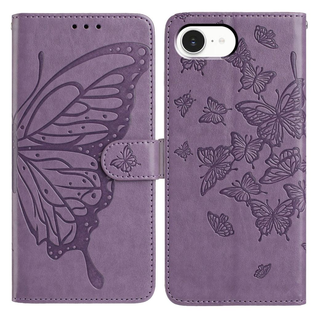 For iPhone 16e Case Butterfly Imprinted Wallet Stand PU Leather Flip Phone Cover with Strap