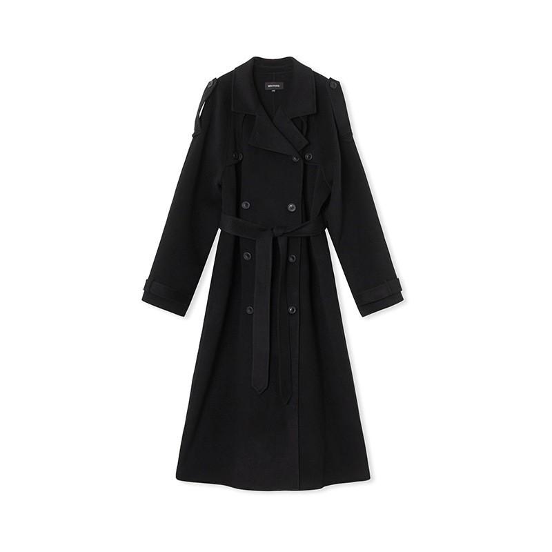 Womens Solid Color Lapel Long Wool Coat Double Breasted Casual Commuter Outerwear