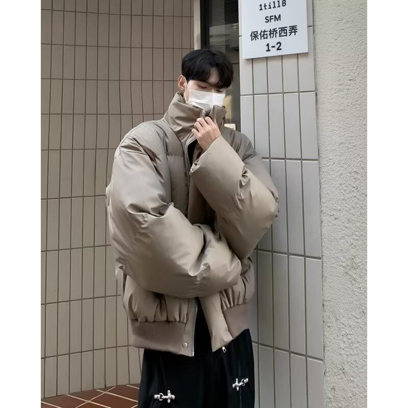 Vintage Winter Cotton Puffer Jacket Men Loose Stand Collar Short Length Warm Casual Coat