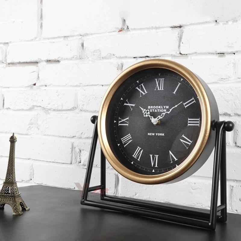 Silent Non-Ticking Vintage Table Clock, American Retro Desk Clock with Roman Numerals, Metal Frame for, Bedroom, Office Decro